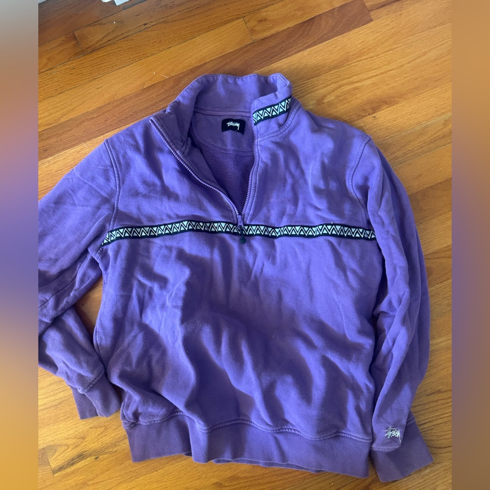 Vintage Stussy Lavender Quarter-Zip with geometric Patterned Detail